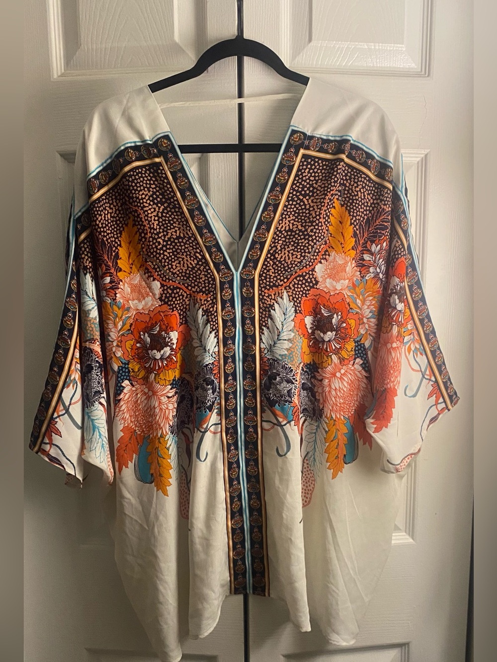 Rose & Olive White Floral Kimono Top with Orange and Teal Accents